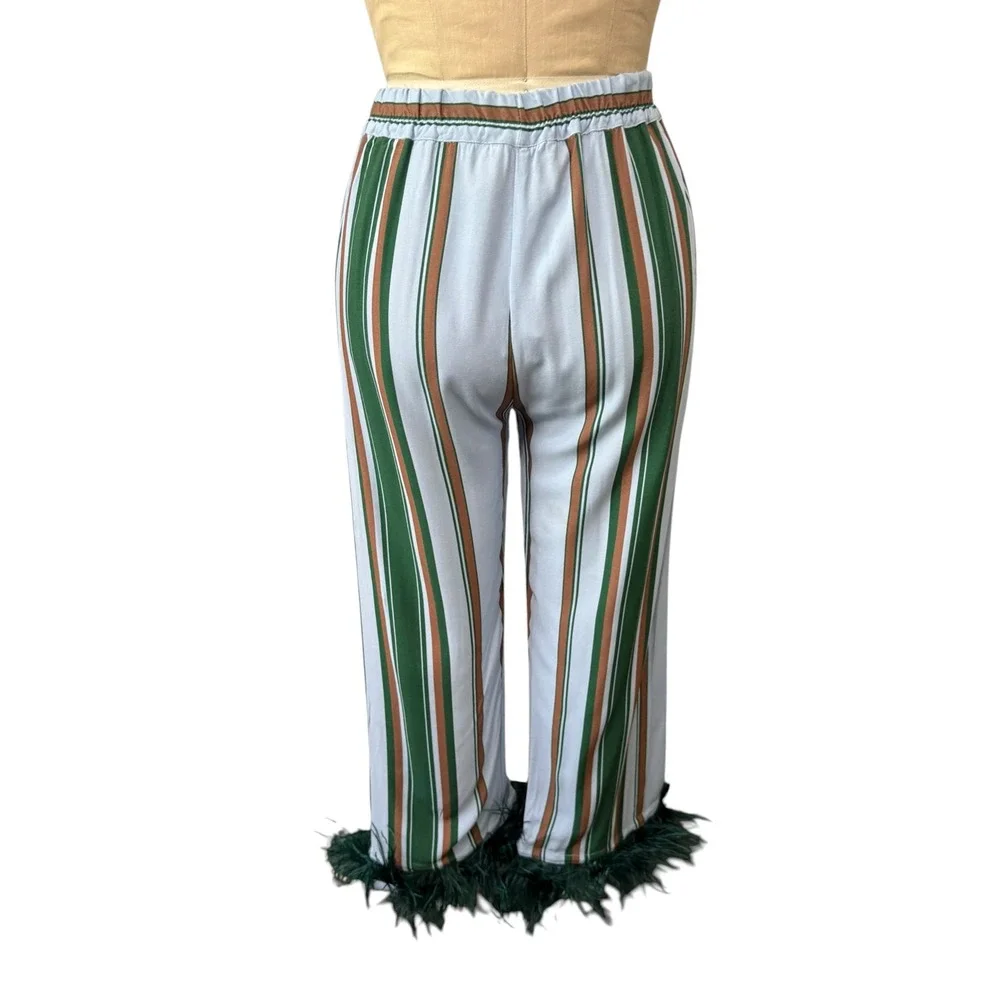 Sleeper Pajama Set Women Small Blue Green Striped Ostrich Feather Trim 2 Piece